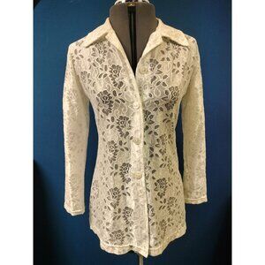 Shasha Collection Womens White Lace Button-Up Long Sleeve Blouse With Floral She
